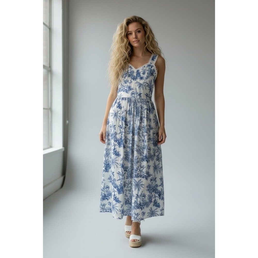 Meadow Rhodes Midi Dress sz S Blue White Palm Print Smocked milk maid tropical